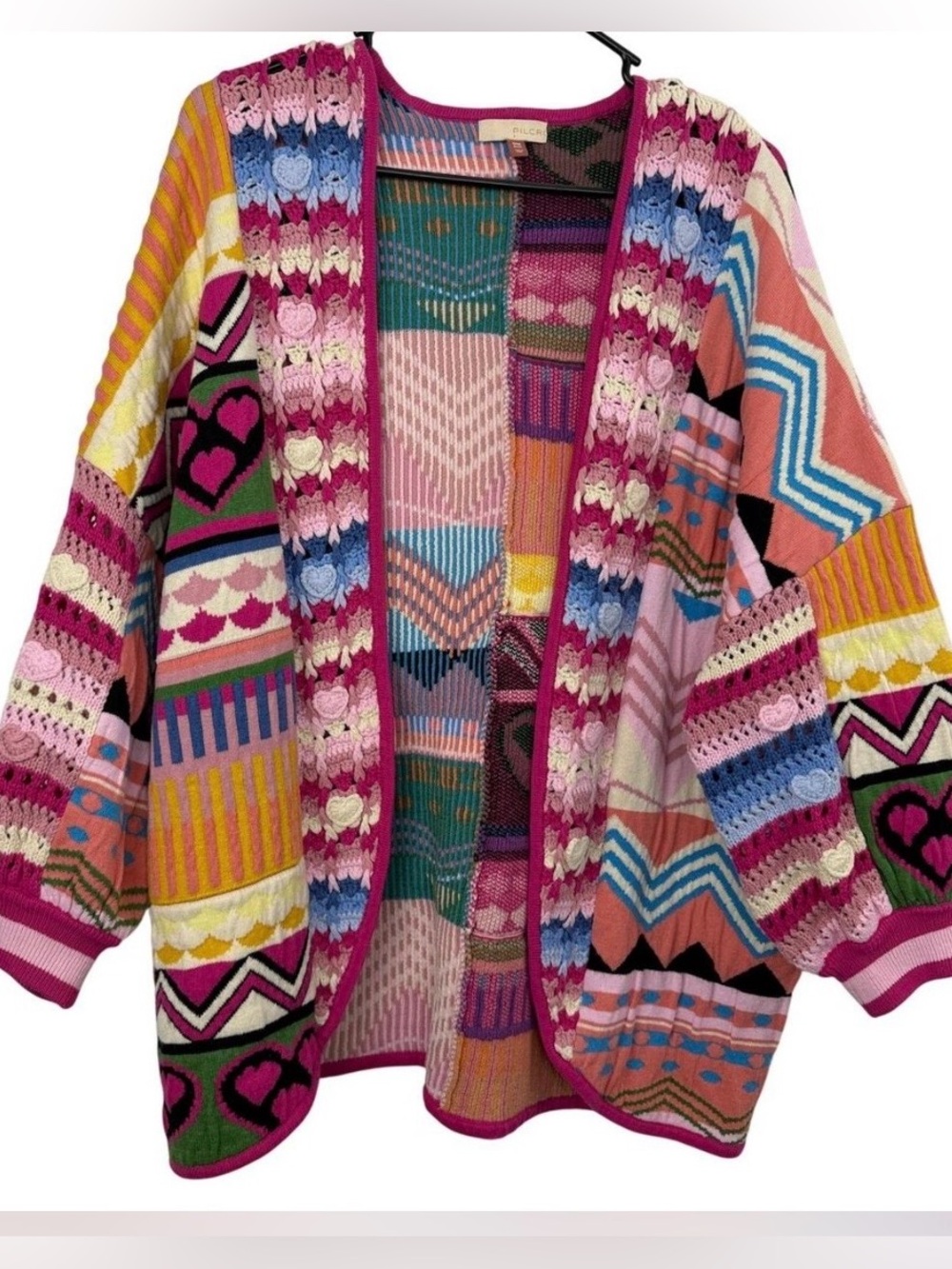 Anthropologie Pilcro Cardigan Womens OS Pink Patchwork Heart Knit Open Sweater
